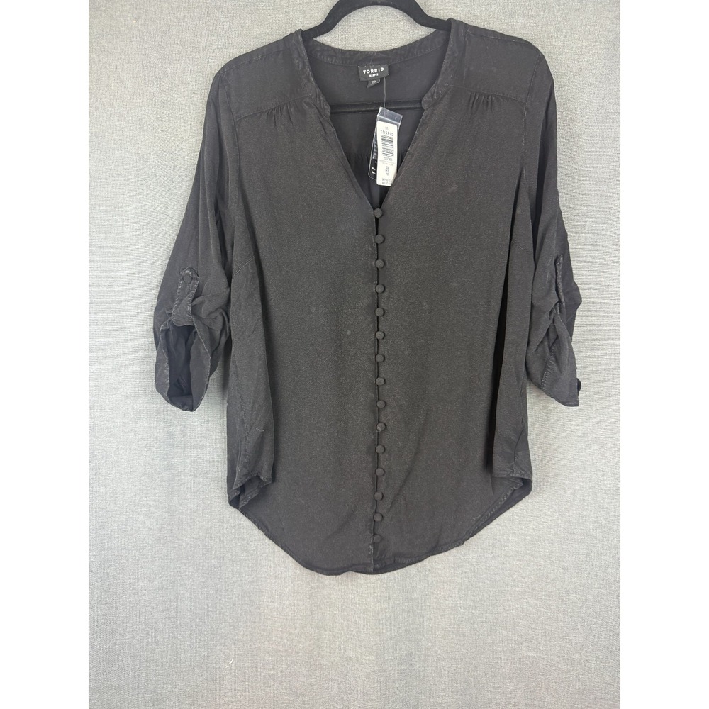 torrid Black Fabric-Covered Button V-Neck Blouse